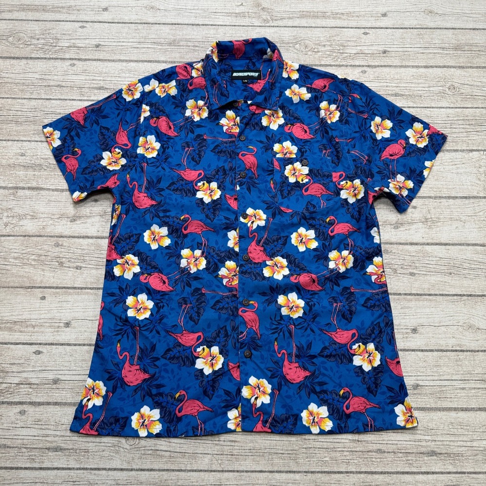 Boardsports Shirt Men's Large Blue Button Down Flamingo Floral Tropical Hawaiian